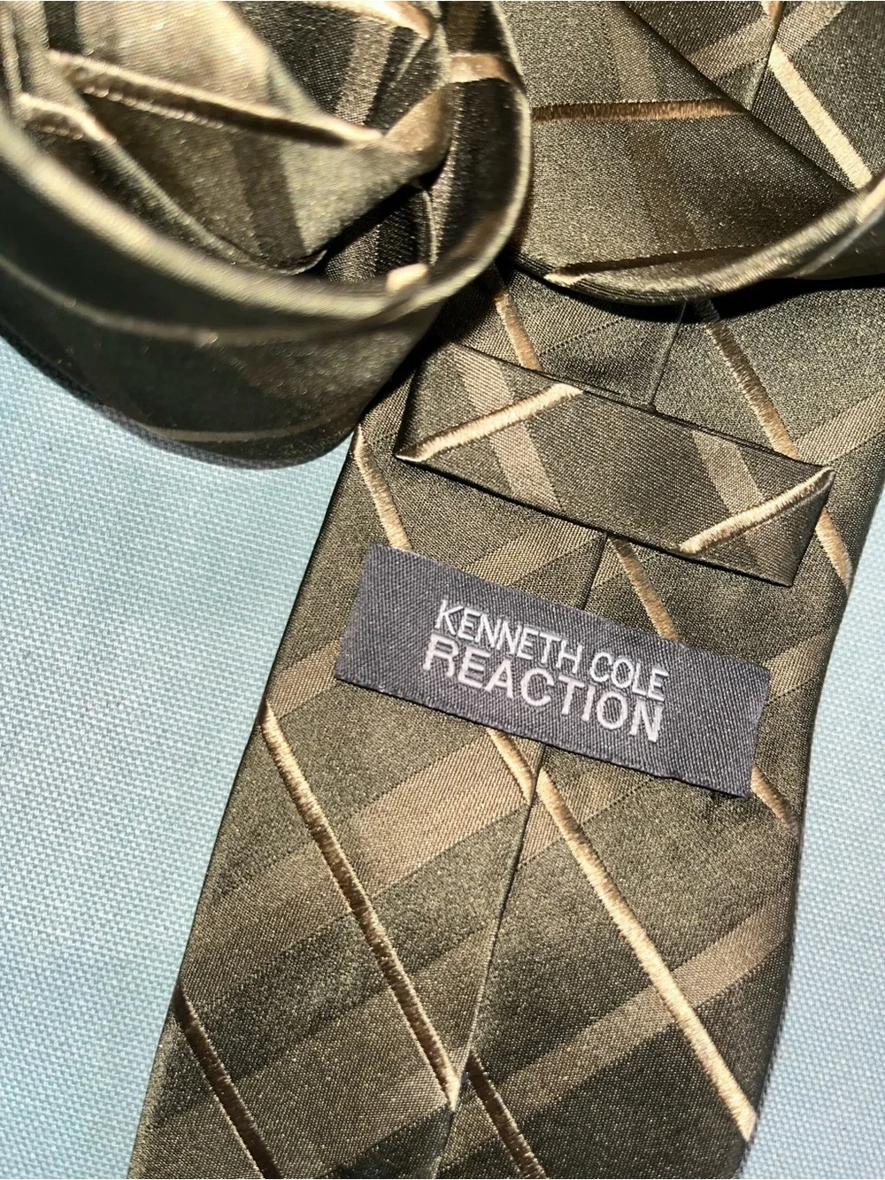 Vintage Kenneth Cole olive green Brown Striped Men's Tie 100% silk